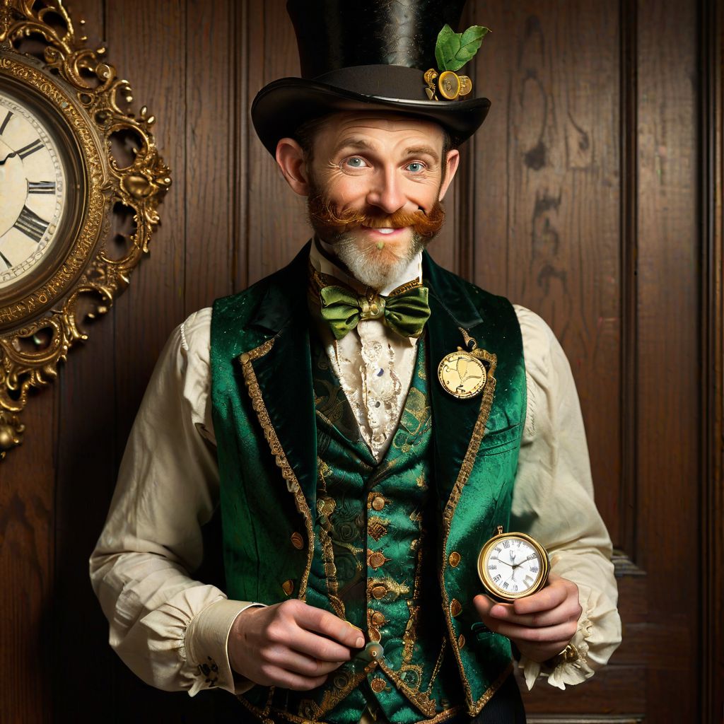 Victorian-inspired attire, (ornate waistcoat:1.2),  leprechaun with a sly smirk, holding a clockwork pocket watch, a single gold coin gleaming in the light,  richly textured background, dark wood paneling