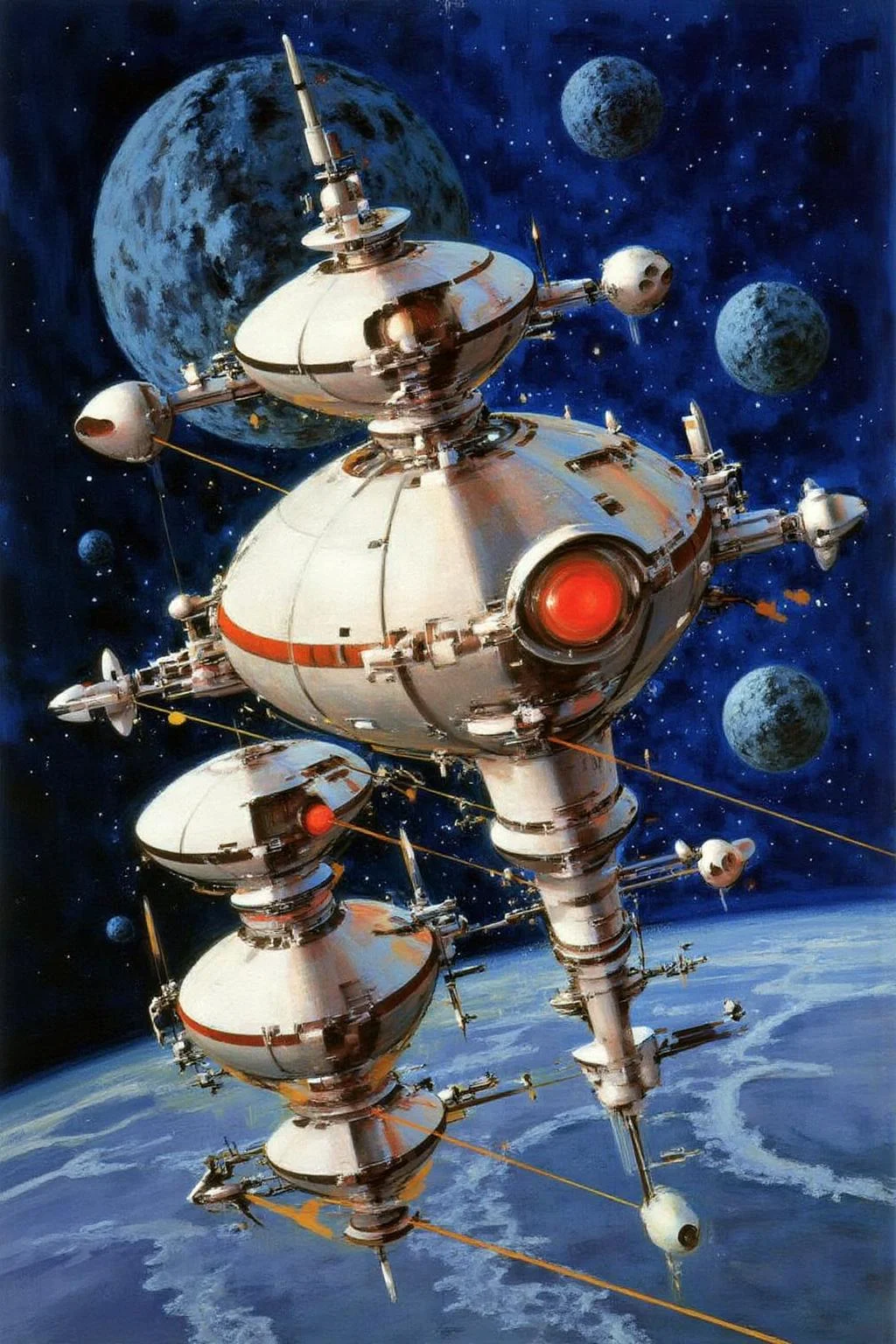 jober1 illustration.
A futuristic, space-themed style. The scene depicts a sprawling, modular space station, prominently featuring a central, spherical module with a red dome. This central module is connected to several smaller, cylindrical and spherical modules via various struts and tethers. The space station is a mix of metallic and white surfaces, with visible equipment and antennae protruding from its surface. There is a blue asteroid in the background.
<lora:jober1_cap_d6a3e12:1.0><lora:819127474257603323:0>
