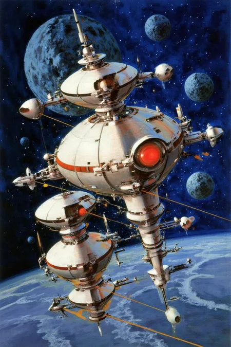 jober1 illustration.
A futuristic, space-themed style. The scene depicts a sprawling, modular space station, prominently featuring a central, spherical module with a red dome. This central module is connected to several smaller, cylindrical and spherical modules via various struts and tethers. The space station is a mix of metallic and white surfaces, with visible equipment and antennae protruding from its surface. There is a blue asteroid in the background.
<lora:jober1_cap_d6a3e12:1.0><lora:819127474257603323:0>