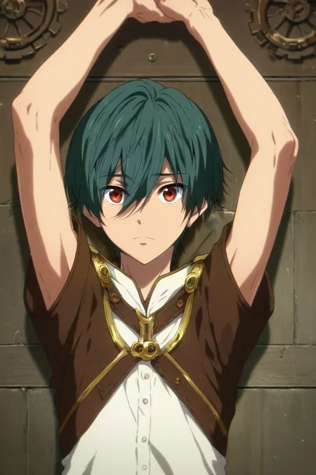score_9, score_8_up, score_7_up, source_anime, (realistic:0.6), looking at viewer, upper body, , 1boy, solo, male focus, <lora:ikuya_kirishima_pony:0.78>, ikuya_kirishima, green hair, red eyes, hair between eyes, short hair, bangs, aged down, , steampunk, Arms raised in victory or celebration, <lora:sdxl_lightning_8step_lora:1>