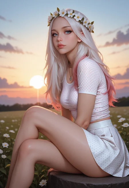 HDR, 8K, high contrast, depth of field, focused subject, dynamic angle, dynamic pose, best quality, detailed eyes, perfect eyes, realistic eyes, white hair, long hair, pink highlights, blue eyes, ((full lips)), (black eyeliner), (mascara), makeup, slim body, slim legs, necklace, (floral crown), small ass, small breast, realistic breast, (white shirt), (polka-dot_shirt), (white skirt), (polka-dot_skirt), BREAK, sitting, legs crossed, side view, looking at viewer, movie perspective, sunset, clouds, white floral field, dynamic light<lora:MoriiMee_Gothic_Niji_Style_Illustrious_r1:0.7> artist:moriimee, (artist:Tsuaii:0.5),