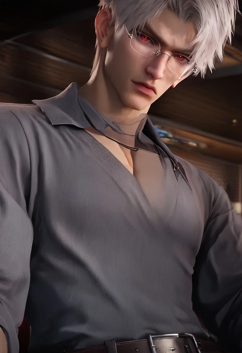 1boy, solo, male focus, toned male, Sylus_(Love_and_Deepspace), Sylus, Qinche, White hair, Red eyes, pale skin, detailed eyes, satisfaction, satisfied, neutral,
glasses, casual grey tshirt, long sleeves, grey top, formal pants, belt,
sitting in a sofa, leg spread, view from bottom, intense shadow, intimidating, chest close to viewer, dark light, no light, shadow,
looking at viewer, serious,
rating PG, score_9,score_8_up,score_7_up, source_anime,
male focus, Muscular,
big thigh, big thigh, big chest, hung, manly, tall, detailed eyebrow, sharp eyebrows, focus on thigh, hairy thigh, thigh focus, random view