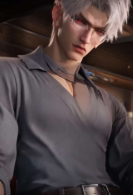 1boy, solo, male focus, toned male, Sylus_(Love_and_Deepspace), Sylus, Qinche, White hair, Red eyes, pale skin, detailed eyes, satisfaction, satisfied, neutral,
glasses, casual grey tshirt, long sleeves, grey top, formal pants, belt,
sitting in a sofa, leg spread, view from bottom, intense shadow, intimidating, chest close to viewer, dark light, no light, shadow,
looking at viewer, serious,
rating PG, score_9,score_8_up,score_7_up, source_anime,
male focus, Muscular,
big thigh, big thigh, big chest, hung, manly, tall, detailed eyebrow, sharp eyebrows, focus on thigh, hairy thigh, thigh focus, random view