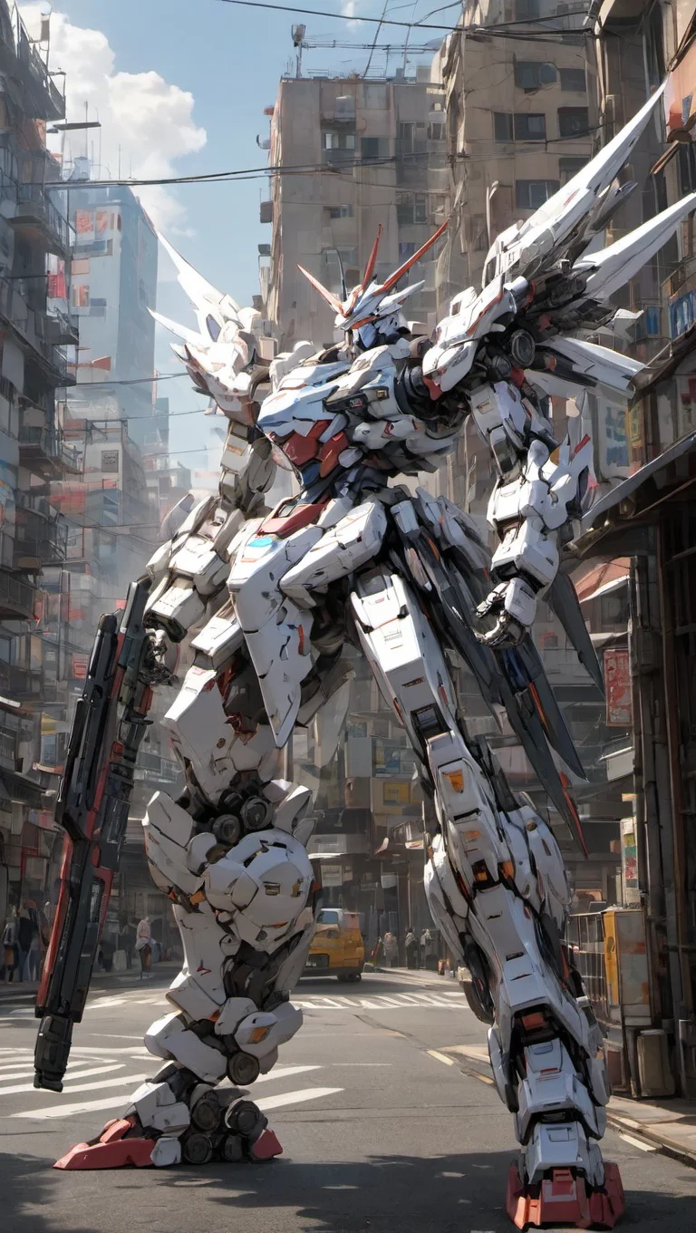 mecha robot, no humans, (mecha armor:1.5), full armor, (grey silver color scheme:1.2),glowing blue eyes, bluesky, city, (full body:1.2),clenched hand,mecha musume, mechanical parts, robot joints, (huge shield:1.2),best quality, masterpiece, highly detailed, ultra-detailed,(battle-ready:1.2),(powerful stance:1.3),(Detailed eye description:1.2),(huge mechanical weapon:1.3),(detailed armor description:1.2),(detailed shield description:1.2),(detailed weapon description:1.2),(huge mechanical gun:1.2), (holding gun and weapon :1.3)  <lora:srdxl_v07ux:0.8>