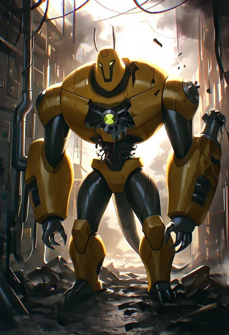masterpiece, best quality, amazing quality, very aesthetic, absurdres, newest,, detailed background, 
armadrillo, robot, claws, yellow armor, grey tail, antennae, no eyes,  massive arms, yellow helmet, mecha, short legs,
mechanics garage, mechanics, sci fi lab, connected to pipes, broken pieces, car parts, discarded machines, amputated arm, open chest cavity, metal core, broken robot, broken arms, damaged head, cracked belly, smoke, missing arms, damaged chest