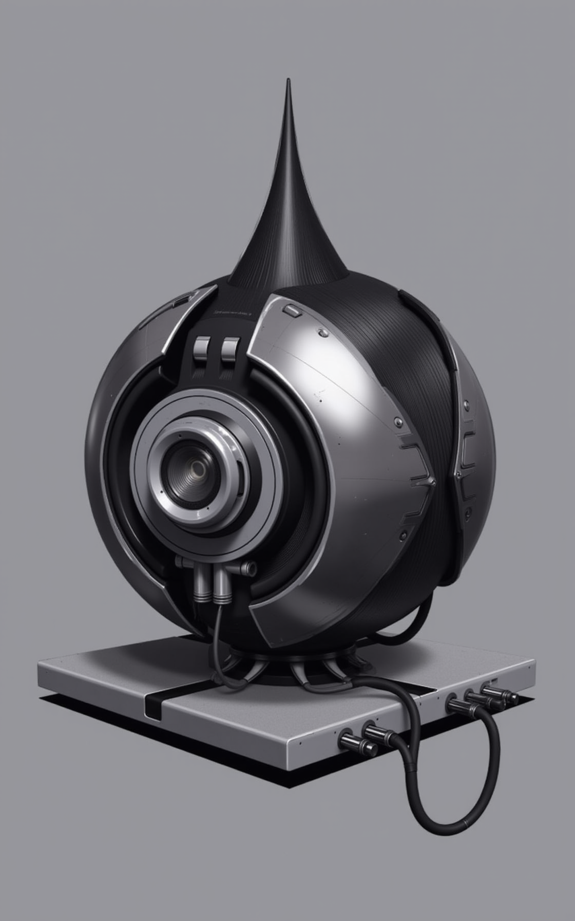 YFG-SRS, rbcharc0al, 3D rendering of a futuristic-looking object. The object appears to be made of metal and has a metallic sheen. It has a spherical shape with a pointed top and a flat bottom. The body of the object is covered in intricate patterns and designs, including lines, dots, and geometric shapes. On the left side of the body, there is a large circular object with a small circular hole in the center, which is connected to a larger circular object on the right side. The outer edge of the sphere is black, while the inner edge is silver. The object is resting on a gray surface, and there are several wires and cables connected to it. The wires appear to be connected to the sphere, and the cables are connected to each other. The overall appearance of the piece is sleek and modern.