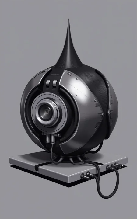 YFG-SRS, rbcharc0al, 3D rendering of a futuristic-looking object. The object appears to be made of metal and has a metallic sheen. It has a spherical shape with a pointed top and a flat bottom. The body of the object is covered in intricate patterns and designs, including lines, dots, and geometric shapes. On the left side of the body, there is a large circular object with a small circular hole in the center, which is connected to a larger circular object on the right side. The outer edge of the sphere is black, while the inner edge is silver. The object is resting on a gray surface, and there are several wires and cables connected to it. The wires appear to be connected to the sphere, and the cables are connected to each other. The overall appearance of the piece is sleek and modern.