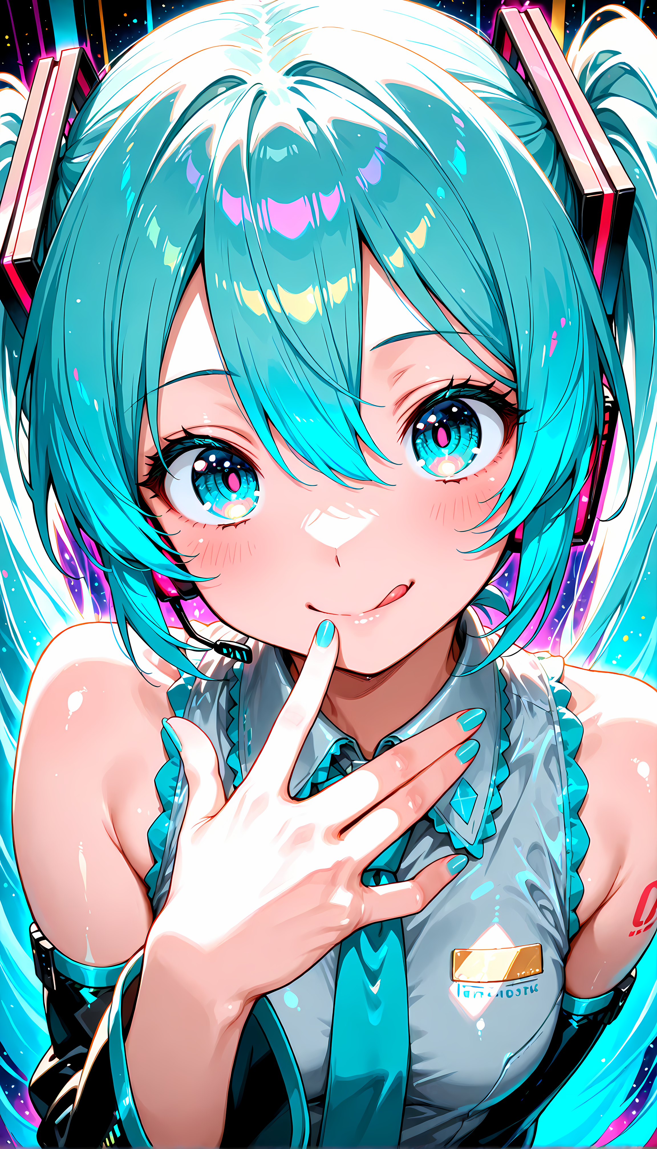hatsune_miku, glowing outline, vibrant, colorful, shiny, reflection, focus face, :Q, smile, hand on lips, full face,, gradient eyes, shiny hair, detailed background, 