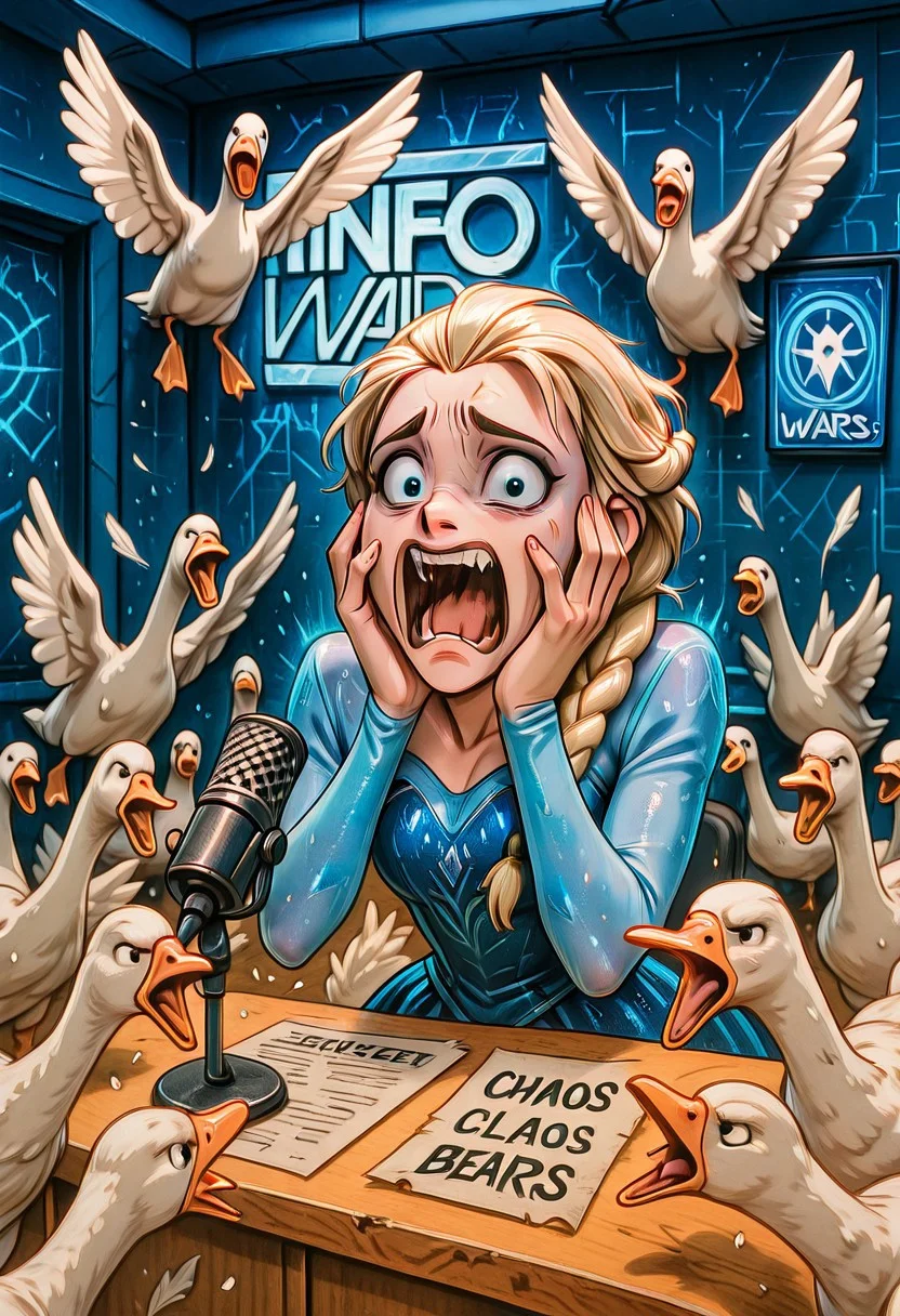 embedding:IllusP0s, info wars, white logo, blue wall, microphone, desk, 1girl, scared, screaming, hands on own face, Elsa_\(Frozen\) blue dress, one blonde braid, goose ambush, 6+ geese, chaos