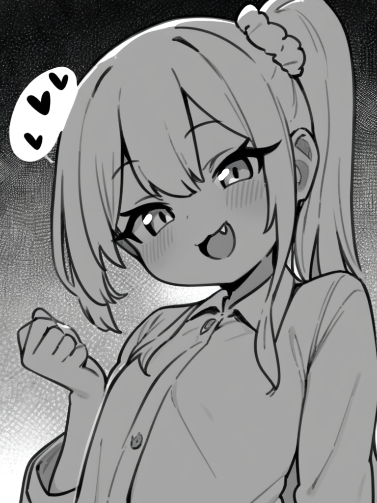 masterpiece, best quality, <lora:style578-a31-000020:1>,side ponytail, monochrome, greyscale, 1girl, fang, solo, blush, smile, open mouth, hair between eyes, looking at viewer, virtual youtuber, bangs, :d, scrunchie, collared shirt, heart, sidelocks, speech bubble