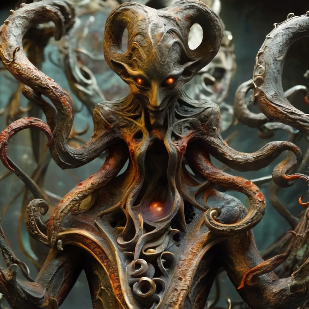 ethereon close up time machine devil and creature with tentacles in the background, very detailed <lora:ethereon:1>