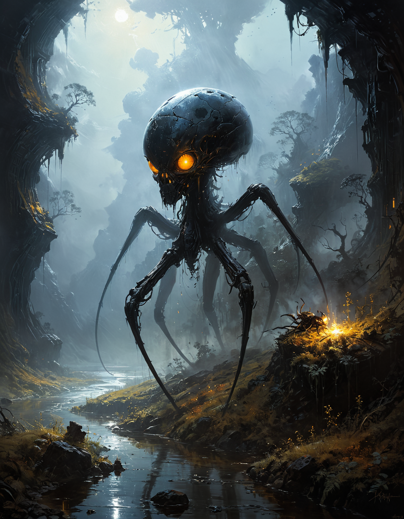 hyper realistic and highly detailed, monochrome masterful traditional oil painting (by Stephan Martiniere, by Alena Aenami, by Yoann Lossel:1.4), dark, dim, dull, shadowy, somber, dusky, lightless, tenebrous, famous artwork inspired by (jeff laubenstein:1.2) and (mark pole:1.1), (dramatic scene:1.2), (fractal art:), fantasy style, dynamic angle, the "arachnoid slimedunk" is a (stealthy and agile mammalian creature:1.1) hunting in the (fascinating:1.4) misty steppes of its perlyfumed habitat on "nopenopenope" , perfect composition, full panoramic shot
<lora:xl_more_art-full_v1:0.5> <lora:- SDXL - vanta-black_contrast_V3.0:0.5> <lora:Into_Darkness:0.5>  <lora:add-detail-xl:0.5> <lora:sss:0.6> sss