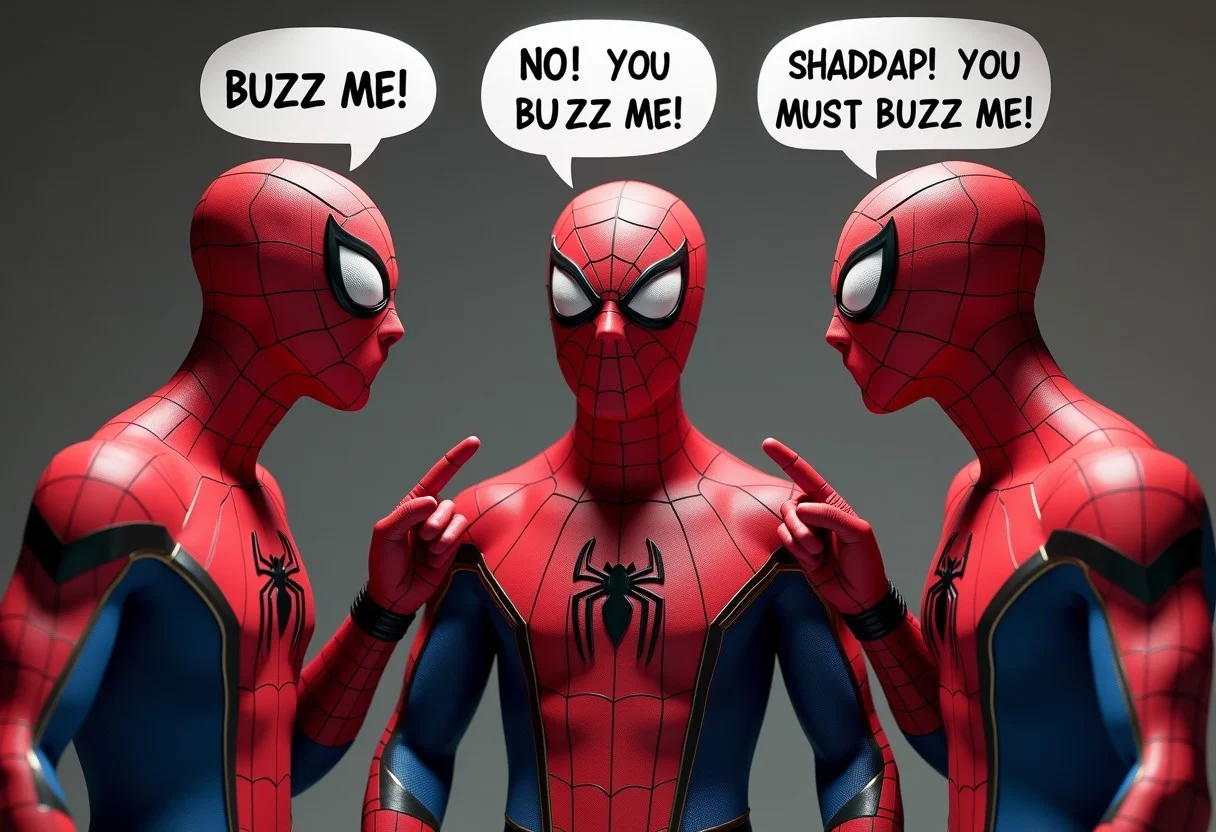 masterpiece, 3 spiderman pointing at each other. first spiderman has a balloon dialogue showing exactly the words "BUZZ ME!", second spiderman has a balloon dialogue showing exactly the words "NO! YOU BUZZ ME!", third spiderman has a balloon dialogue showing exactly the words "SHADDAP! YOU MUST BUZZ ME!" rendered in unreal engine, photorealistic