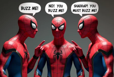 masterpiece, 3 spiderman pointing at each other. first spiderman has a balloon dialogue showing exactly the words "BUZZ ME!", second spiderman has a balloon dialogue showing exactly the words "NO! YOU BUZZ ME!", third spiderman has a balloon dialogue showing exactly the words "SHADDAP! YOU MUST BUZZ ME!" rendered in unreal engine, photorealistic