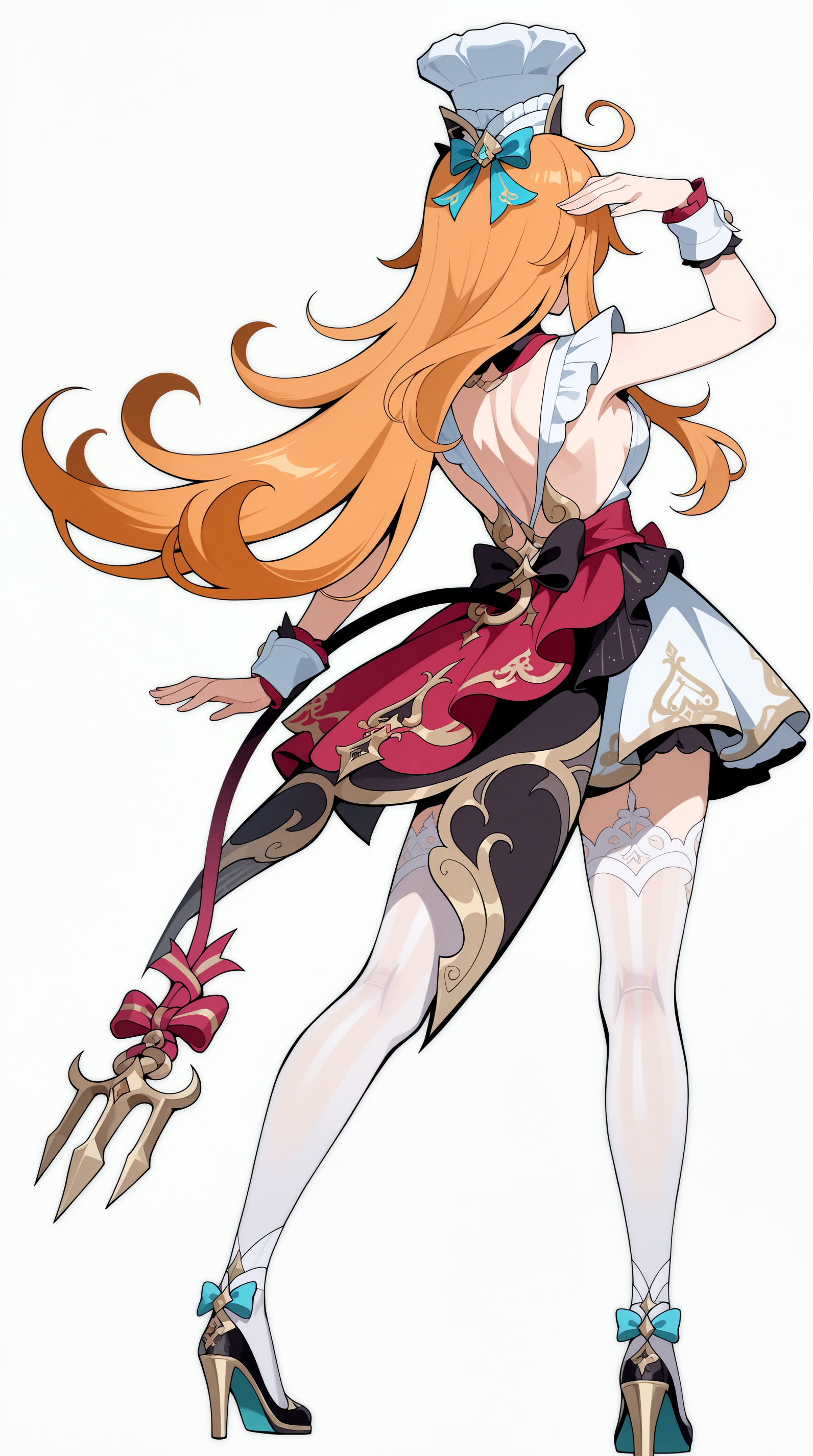 masterpiece, best quality, amazing quality, aesthetic,  absurdres, best quality, 4k, upscale, white background, simple background, pose, escoffier, 1girl,  long hair, high heels, solo, from behind, thighhighs, facing away, orange hair, wrist cuffs, full body, standing, white thighhighs, bow, chef hat, very long hair, dress, blue bow, back, backless outfit, tail, <lora:Escoffier_IL_V3:0.8>