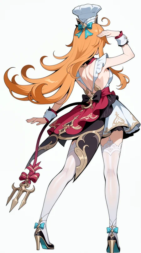 masterpiece, best quality, amazing quality, aesthetic,  absurdres, best quality, 4k, upscale, white background, simple background, pose, escoffier, 1girl,  long hair, high heels, solo, from behind, thighhighs, facing away, orange hair, wrist cuffs, full body, standing, white thighhighs, bow, chef hat, very long hair, dress, blue bow, back, backless outfit, tail, <lora:Escoffier_IL_V3:0.8>