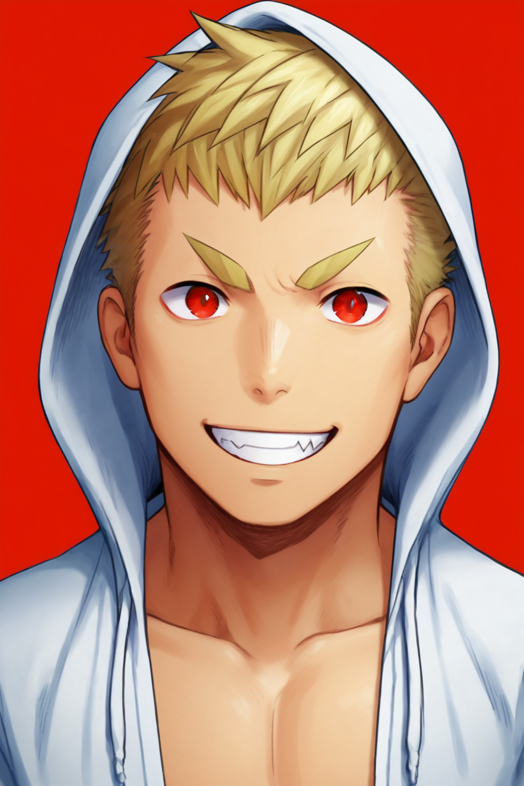 <lora:Hino:0.8>, 1boy, solo, Hino Ryuunosuke, blonde hair, red eyes, hoodie, open clothes, open chest, grin, looking at viewer, simple background, colored background, thick eyebrows,