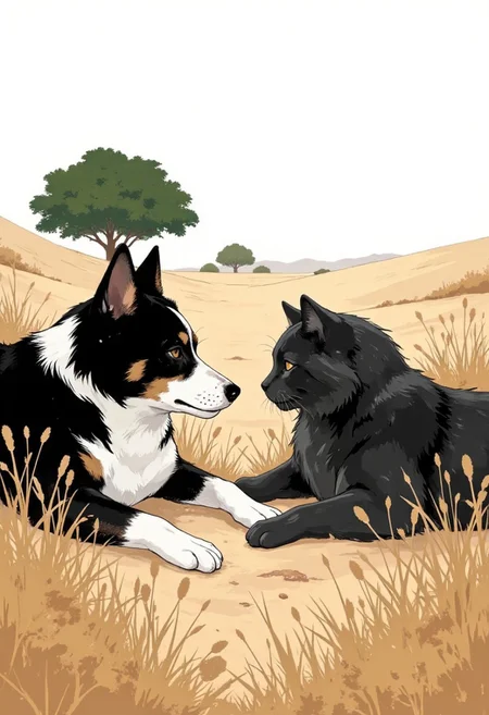 An illustrated closeup of a dog and a cat lying on the ground calmly staring at one another. The dog is a black and white border collie. It's ears are perked up and it is alert. It's head is resting on the on the ground. It is intently watching the cat in an almost protective manner. The cat is a large, dark grey fluffy cat. It is lying on the ground facing the dog. The cat is almost bored with the dog but still tolerates its presence. The dog and cat are lying in a dry field of withered hey. The landscape is so parched it is almost white. There is a single lush tree in the far background. Highest quality, best quality, masterpiece.