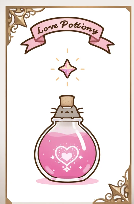 masterpiece, best quality,very aesthetic, love potion, tiny glass bottle, floating pink sparkles, magical alchemy lab, soft fantasy glow, Pusheen <lora:PusheenIXL:1>