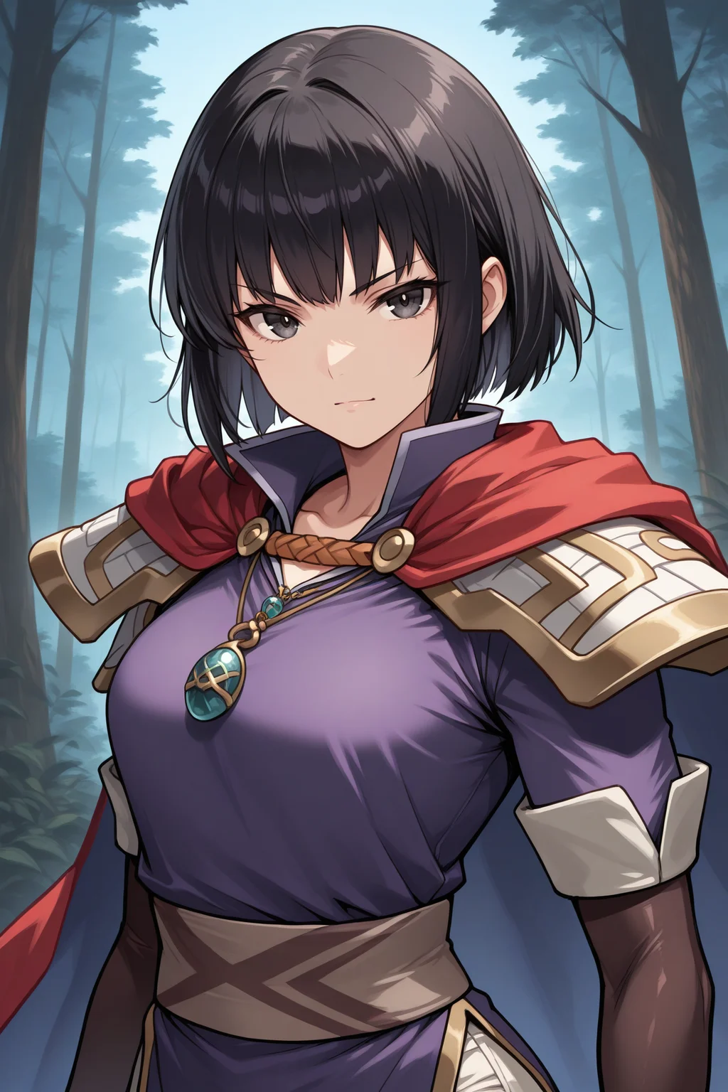 masterpiece, best quality, 1girl, solo, <lora:feolwen-illu-nvwls-v1-000006:1> baseown, black hair, short hair, black eyes, red cape, white pauldrons, necklace, purple tunic, brown sash, short sleeves, elbow gloves, brown gloves, white pants, upper body, looking at viewer, serious, smirk, blue sky, forest, hand up