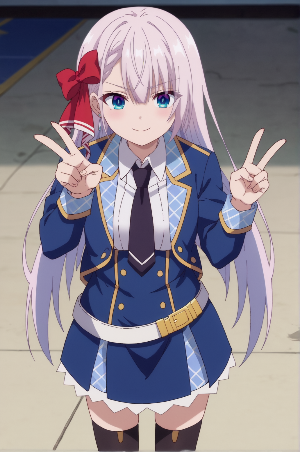 score_9, score_8_up, score_7_up,anime_source, source_anime, best background, detailed background, anime screencap,  Crystalia, belt, black necktie, blue jacket, collared shirt, jacket, long sleeves, necktie, red bow, ribbon, shirt, white shirt, school uniform, thighighs, seductive smile, dynamic angle, v fingers, victory fingers, solo, indoors, <lora:JN_Riselia_Ray_Crystalia:0.8>