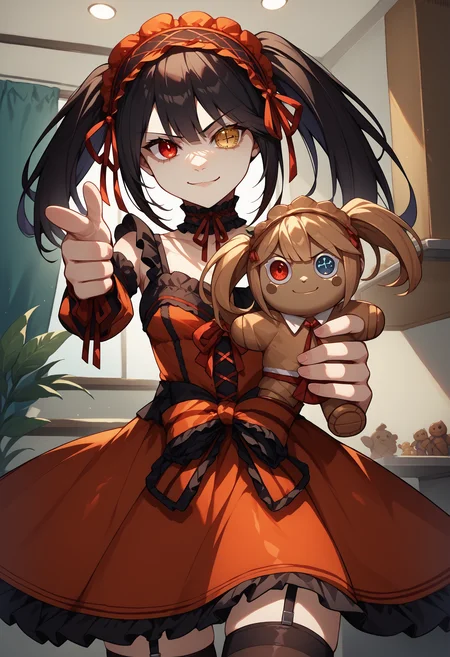score_9, score_8_up, score_7_up, 1girl, holding food, looking at viewer, character doll, holding doll, indoors, <lora:BakingMyLongDistanceBfIntoACookieBecauseIMissHimMeme_pdxl_Incrs_v1:1>, <lora:Fingergun_XLPD:1> finger gun, pointing at viewer <lora:ChamTokisakiKurumiPonyXL:1>, KurumiBase, clock eyes, red eye, yellow eye, heterochromia, black hair, twintails, hairband, red dress, striped bow, frills, detached sleeves, frilled choker, black thighhighs, garter straps, smirk,