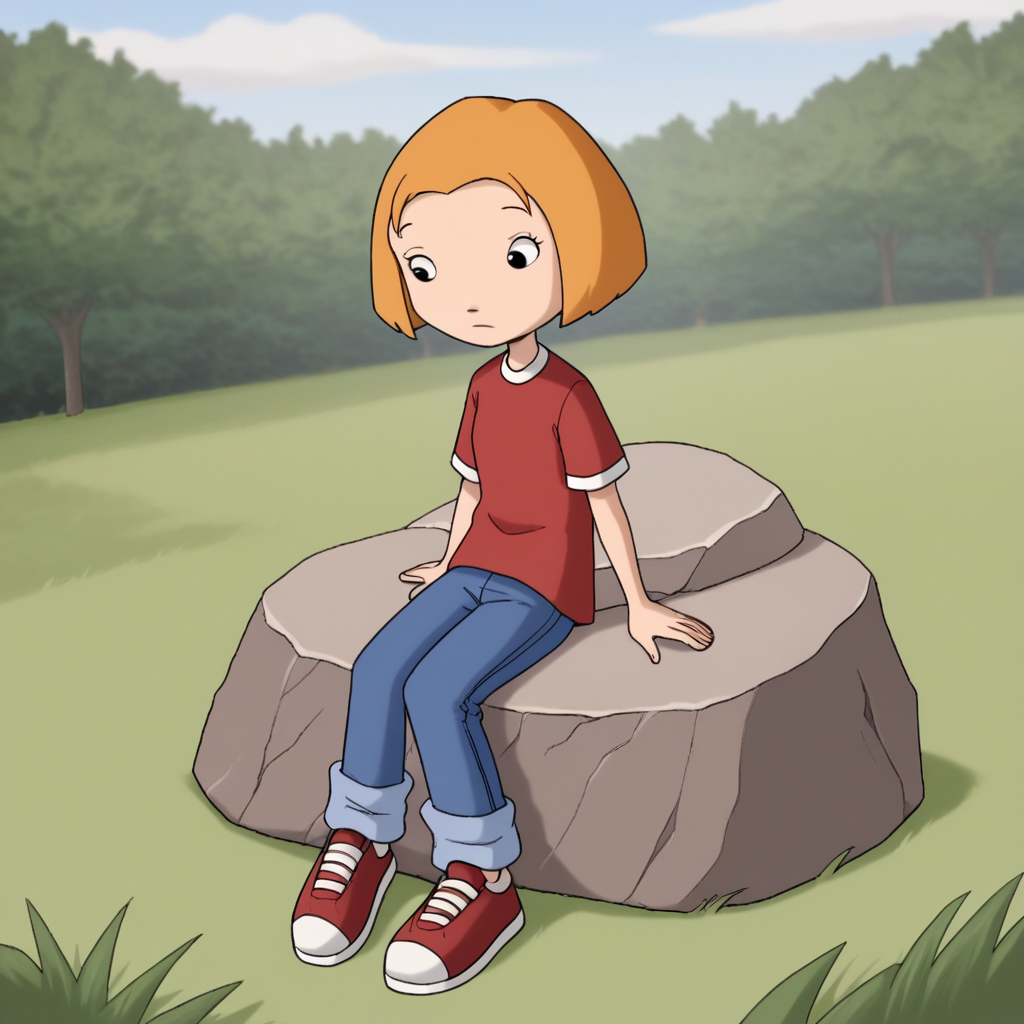 score_7_up, BREAK, lormcquarrie, 1girl, solo, blonde hair, short hair, black eyes, red shirt, short sleeves, blue pants, shoes, full body, outdoors,  <lora:LorMcQuarrie_PXL_Leaf1:1>, sitting on rock,