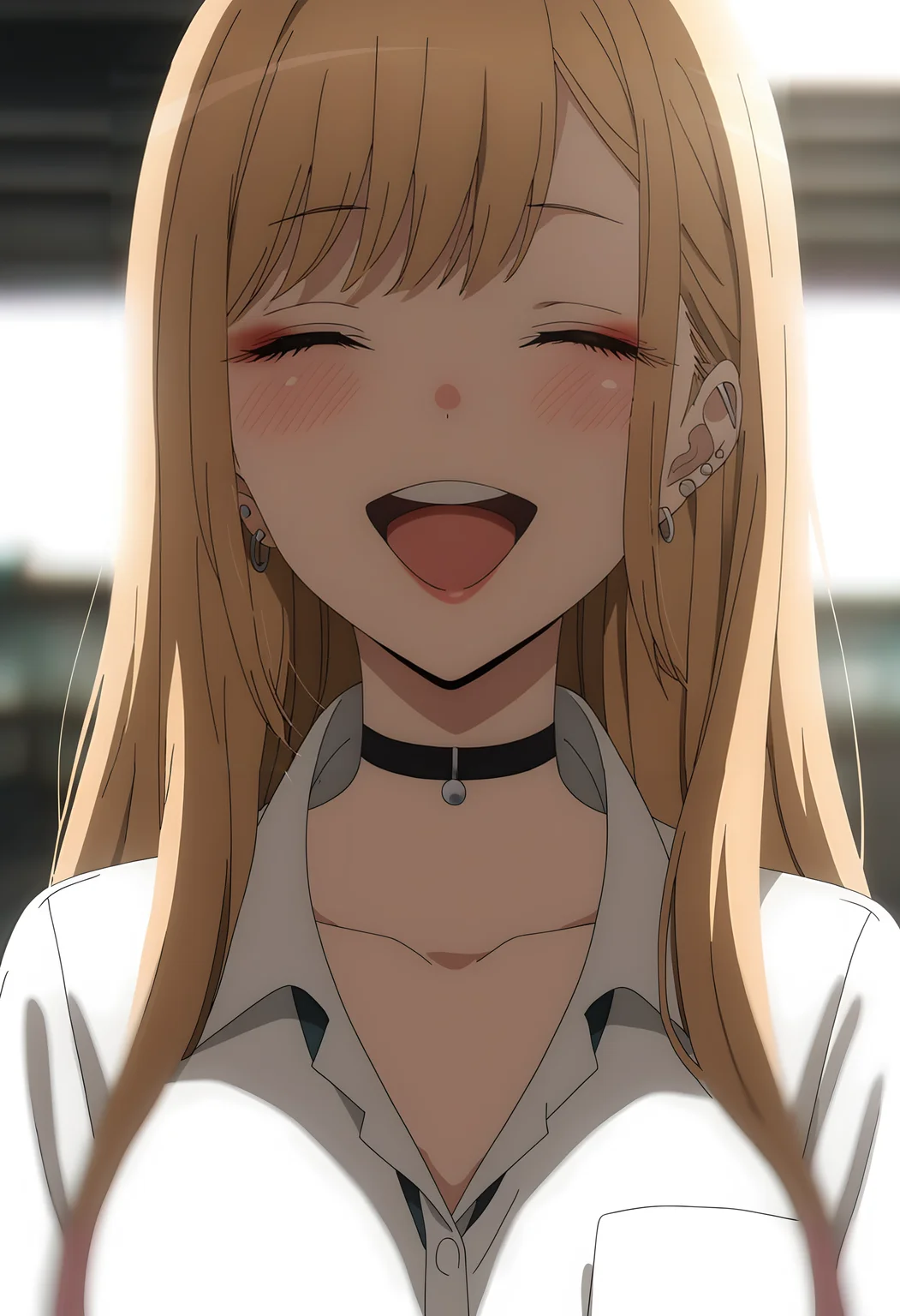 (score_9_up, masterpiece, best quality, very aesthetic, ultra detailed, intricate details, anime style, vibrant colors, dynamic lighting, high resolution, cinematic effects, dramatic lighting, depth of field, lens flare), <lora:Sono Bisque Doll wa Koi wo Suru - Marin Kitagawa XL R1.1:0.8>, Kitagawa Marin, 1girl, blonde hair, choker, closed eyes, solo, long hair, black choker, open mouth, blush, smile, shirt, jewelry, earrings, bangs, collarbone, white shirt, piercing, ear piercing, teeth, upper body, makeup, facing viewer