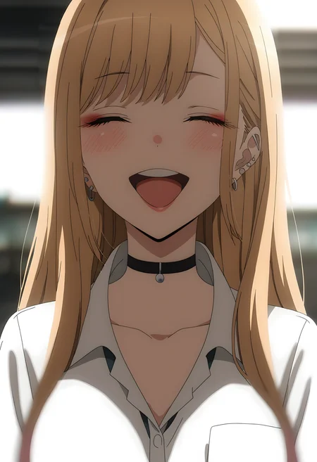 (score_9_up, masterpiece, best quality, very aesthetic, ultra detailed, intricate details, anime style, vibrant colors, dynamic lighting, high resolution, cinematic effects, dramatic lighting, depth of field, lens flare), <lora:Sono Bisque Doll wa Koi wo Suru - Marin Kitagawa XL R1.1:0.8>, Kitagawa Marin, 1girl, blonde hair, choker, closed eyes, solo, long hair, black choker, open mouth, blush, smile, shirt, jewelry, earrings, bangs, collarbone, white shirt, piercing, ear piercing, teeth, upper body, makeup, facing viewer