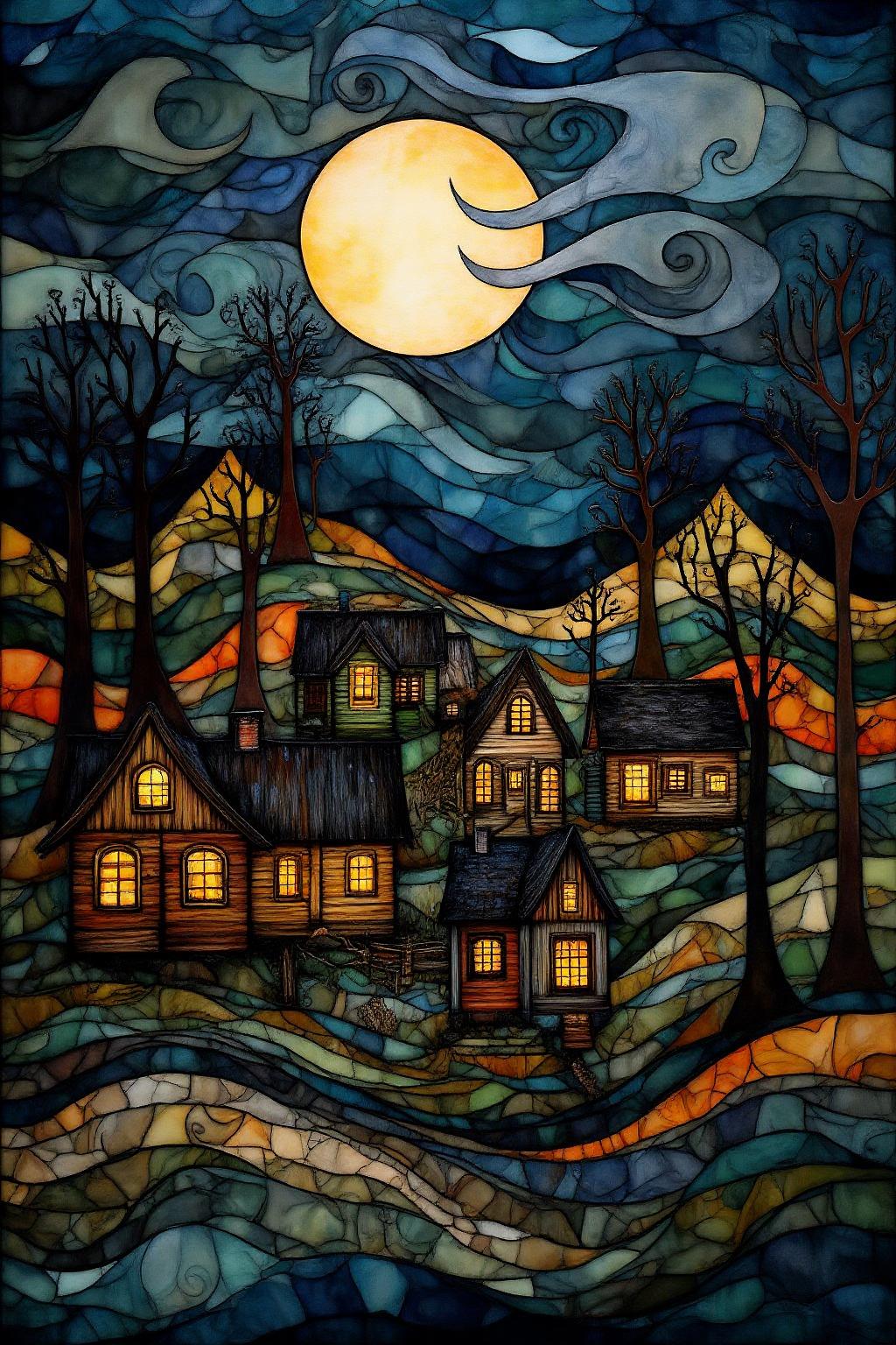kaoruyamada1 painting.
A nighttime scene rendered in a stained glass style. It features a large, glowing yellow moon in the sky, surrounded by swirling clouds in shades of blue and green. Below the moon, several houses with warm, inviting lights coming from their windows. The houses are nestled among leafless trees, and the ground is covered with a mosaic of various colors, including greens, blues, and oranges. A winding path leads from the foreground to the houses. <lora:kaoruyamada1_f16e9:1.0><lora:868865923908383632:0>