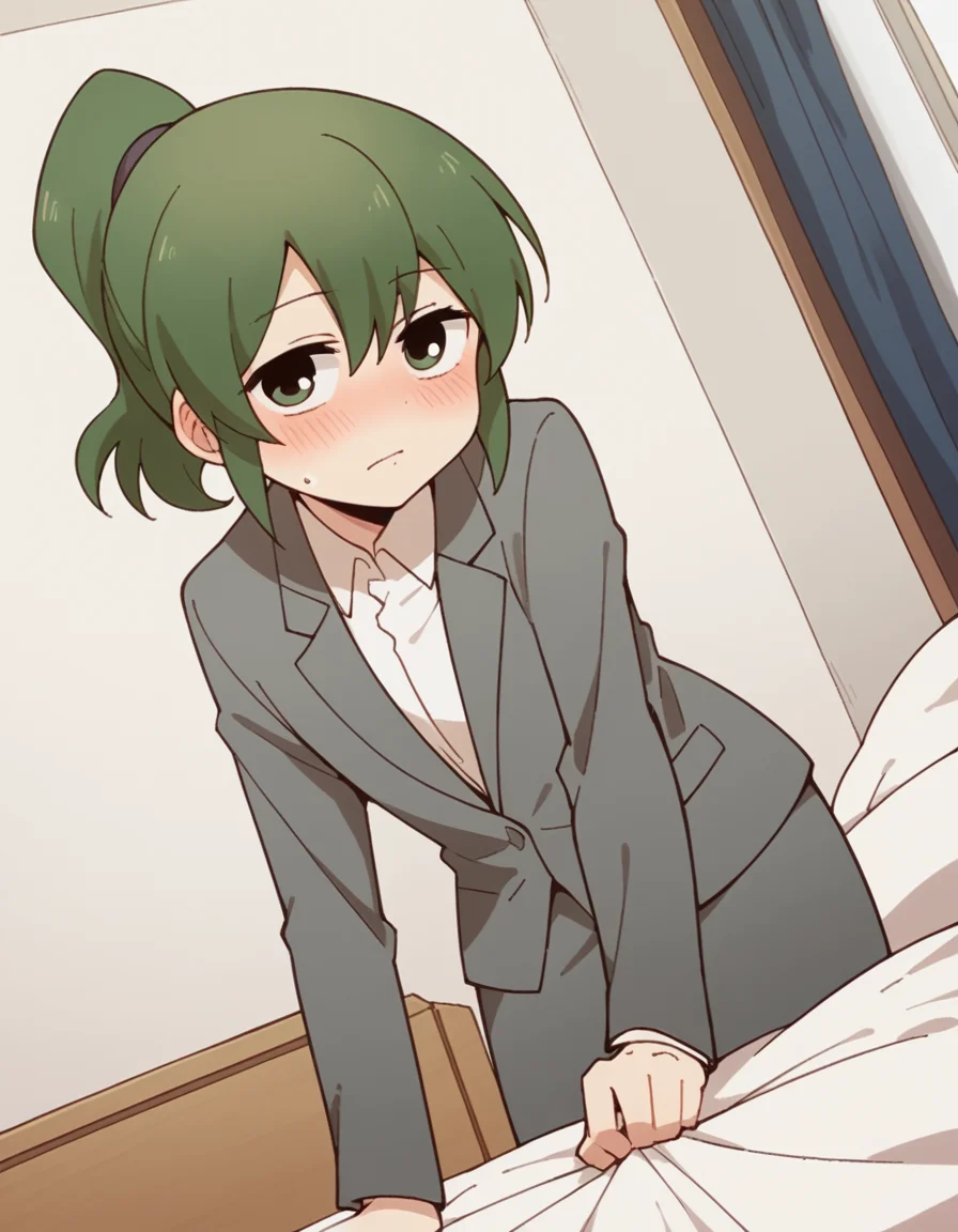 score_9, score_8_up, score_7_up, source_anime, <lora:futaba-igarashi-s1-ponyxl-lora-nochekaiser:1>, futaba igarashi, green eyes, ponytail, green hair, medium hair,, skirt, shirt, jacket, collared shirt, coat, formal, suit, office lady, business suit, skirt suit, overcoat,, indoors, bed, bed room, on side, blush, drunk, looking at viewer, solo,, cowboy shot, dutch angle