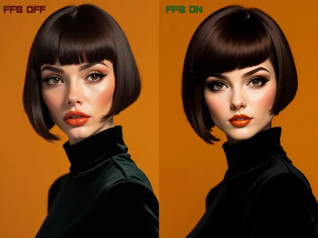 <lora:FFS_v.6:0.8>
A striking portrait of a young woman with a sleek, chin-length espresso-brown bob and sharply defined fringe, her gaze poised and magnetic against a warm ochre backdrop. Her eyes are rich chestnut with luminous depth, framed by dark winged eyeliner and thick lashes that lend a dramatic, editorial presence. Her skin glows with a soft matte finish, featuring subtle terracotta blush and glossy, peach-toned lips rendered in smooth gradient shading. She wears a high-necked black velvet top that contrasts starkly with the background, its texture catching delicate highlights along the folds and seams. The composition is clean and balanced, focusing tightly on her upper shoulders and face in a three-quarter view, enhancing the angular silhouette of her haircut. The style blends vector precision with painterly shading, delivering a polished, high-fashion aesthetic infused with retro-modern minimalism and classic 1960s mod influence.