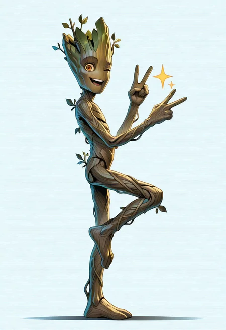 masterpiece, absurdres, amazing quality, extremely detailed, very aesthetic, solo, male, from side, looking at viewer, 
Groot2, young, skinny, made of wood, amber eyes, brown bark skin, leaf, (no nose:1.15), alien, flora fauna, plant boy, looking at viewer, smile, open mouth, teeth, foot up, standing on one leg, cocked hip, hand up, v sign, one eye closed, winking, full body, perfect hands, 5 fingers, twink, star, sparkle, big eyes, 
psychedelic background, science fiction, hologram, pattern background, shadow,  perfect lighting, WaiIL25PosC