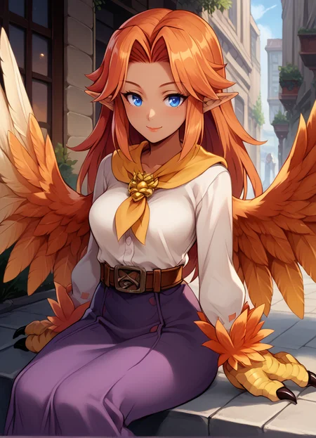 (score_9, score_8_up, score_7_up), best quality, perfect face, (masterpiece), (dark skin), MGE, 1girl, masterpiece, expressive eyes, monster girl, MGE artstyle, (harpy), animal limbs, (winged arms), feathered wings, prehensile wings, animal legs, thighhigh fur, pointy ears, ear fluff, breasts, consistent features, <lora:MGE_V5.3:0.9>, outdoors, city, street, cafe,  evil smile,  red hair, sitting,  <lora:malon_cremia-v1_pdxl:0.8> , malon, 1girl, blue eyes, orange hair, white shirt, purple skirt, brown belt, belt, yellow neckerchief,