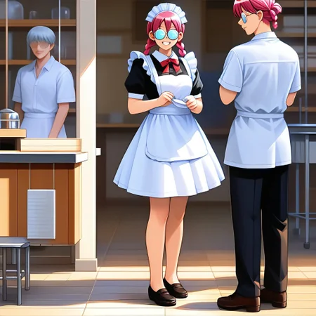 score_9, score_8_up, score_7_up, source_anime, intricate details, BREAK minori, 1girl, solo, short hair, twin braids, no eyes, opaque glasses, round eyewear, thick glasses of lenses, maid uniform, maid headdress, maid apron, grin, looking at viewer, standing, curtsey, full body, school