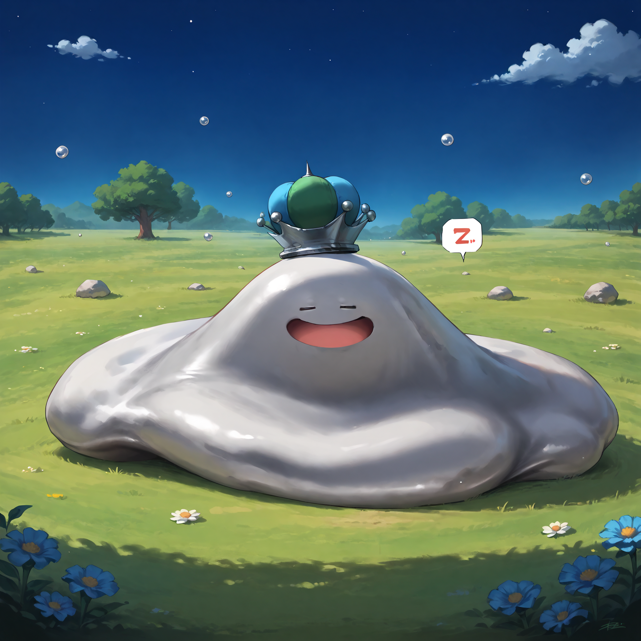 score_9,score_8_up,score_7_up,super detailed,extreme detailed,zPDXL,source anime BREAK no humans,no_legs,nature,field,night,hagureking,:D,<lora:hagureking-pony:0.7>,sleeping,closed eyes,spoken zzz,