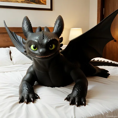 score_9, score_8_up, score_7_up, score_6_up, score_5_up, score_4_up, masterpiece, high quality, realistic, detailed, best quality, white bed, solo, rating_safe, source_furry, bedroom, smiling, seductive pose, lying on belly, looking at viewer, on bed, toothless_httyd, dragon, night_fury, black scales, wings, tail, claws, male, 1boy, green sclera, black pupils, closeup, feral