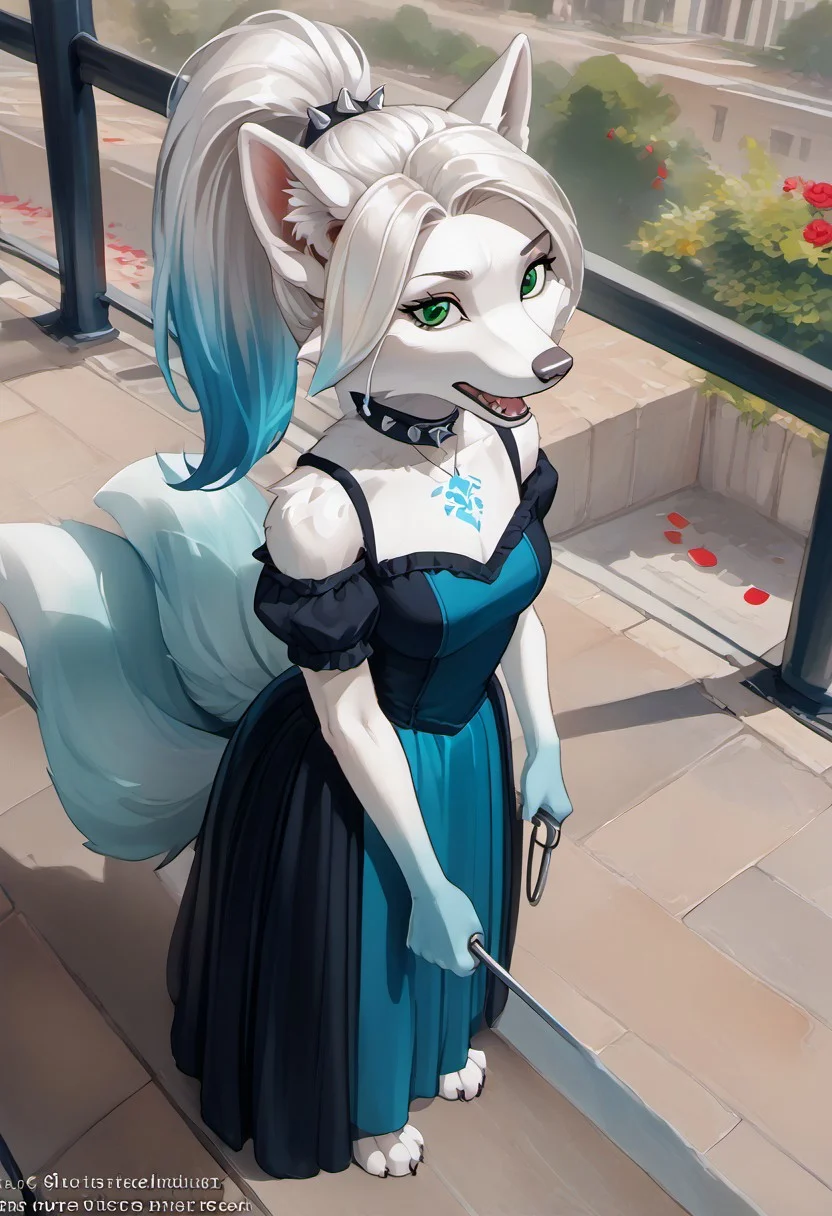 The furry arctic fox (turquoise (#30d5c8) fur) has turquoise colored fur all over its body, with white hair pulled back in a ponytail and green eyes, the female. The emphasis is on the face, a well-developed face, well-developed hands, well-developed legs. Dressed in a gothic red dress. It stands on a pedestal. He stands controlling the blue flame. The petals of the flame are woven into the fur. The darkness is all around. View from above. an adult girl about 25 years old