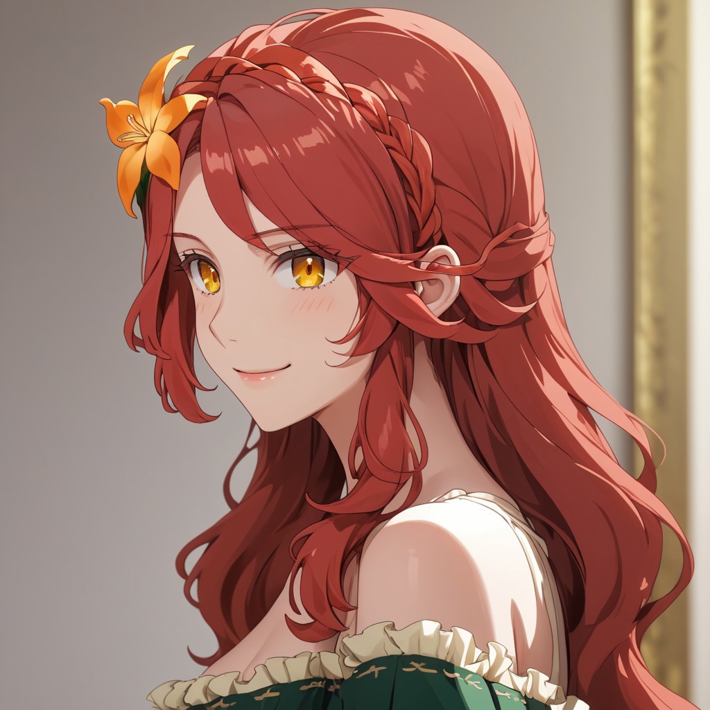 absurdres, 4k res, high quality, score_7_and_above, 1girl, solo, masterpiece, Lucrezia_UM, red hair, amber eyes, flower in hair, green skirt, portrait, seductive smile, highly detailed, side view, looking at viewer,