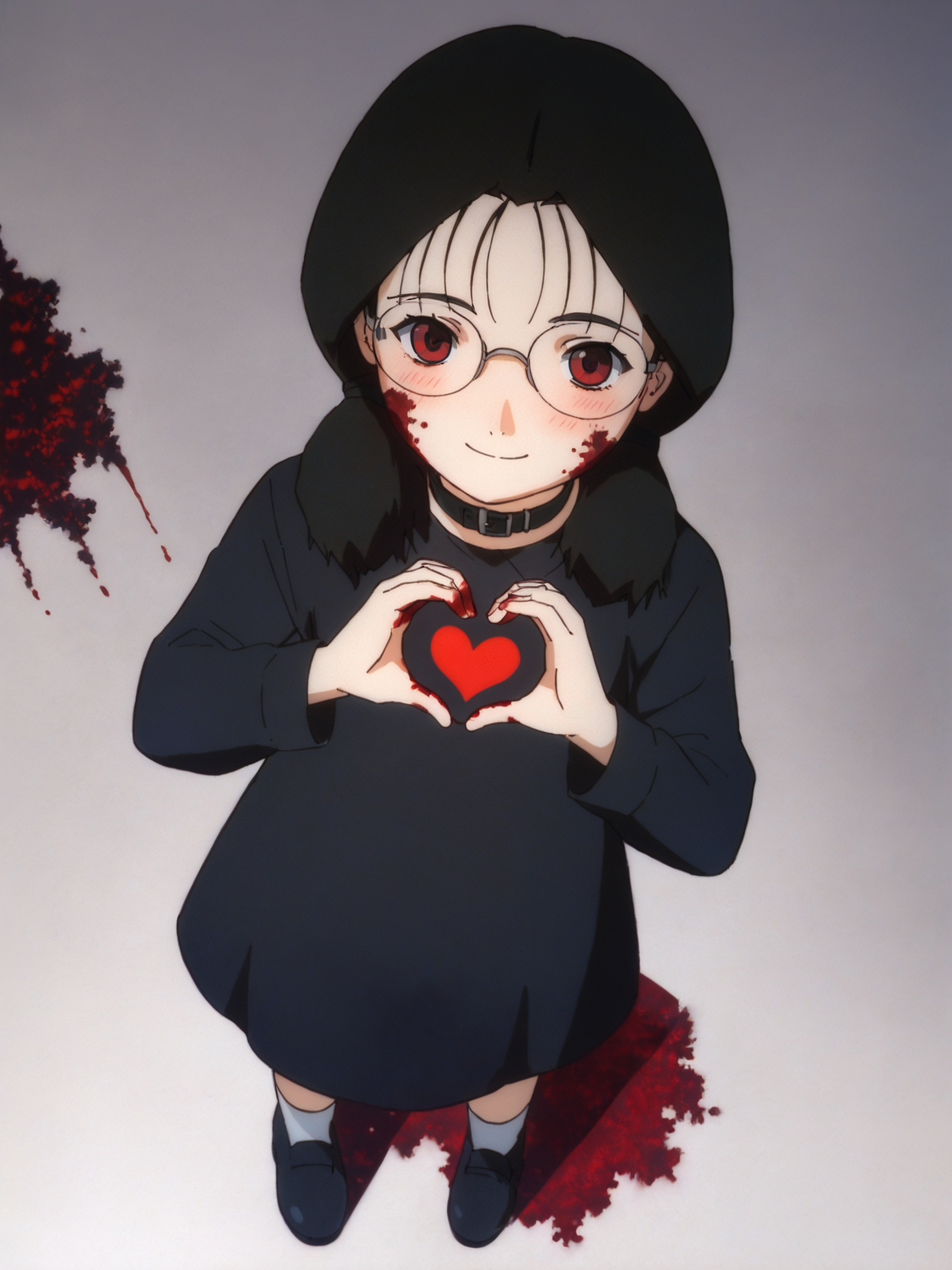 score_9, score_8_up, score_7_up, score_6_up, score_5_up, BREAK masterpiece, high quality, perfect hands, <lora:Yomoda_Chisa_PDXLv1.1-e97:0.7> yomoda chisa, glasses, smile, blush, hearts, evil red eyes, heart hands, cute pose, head tilt,  <lora:Anzu_PDXLv0b:0.5>, black dress, full body, black footwear, black collar, death girl, gothic, blood on face, blood on hands,