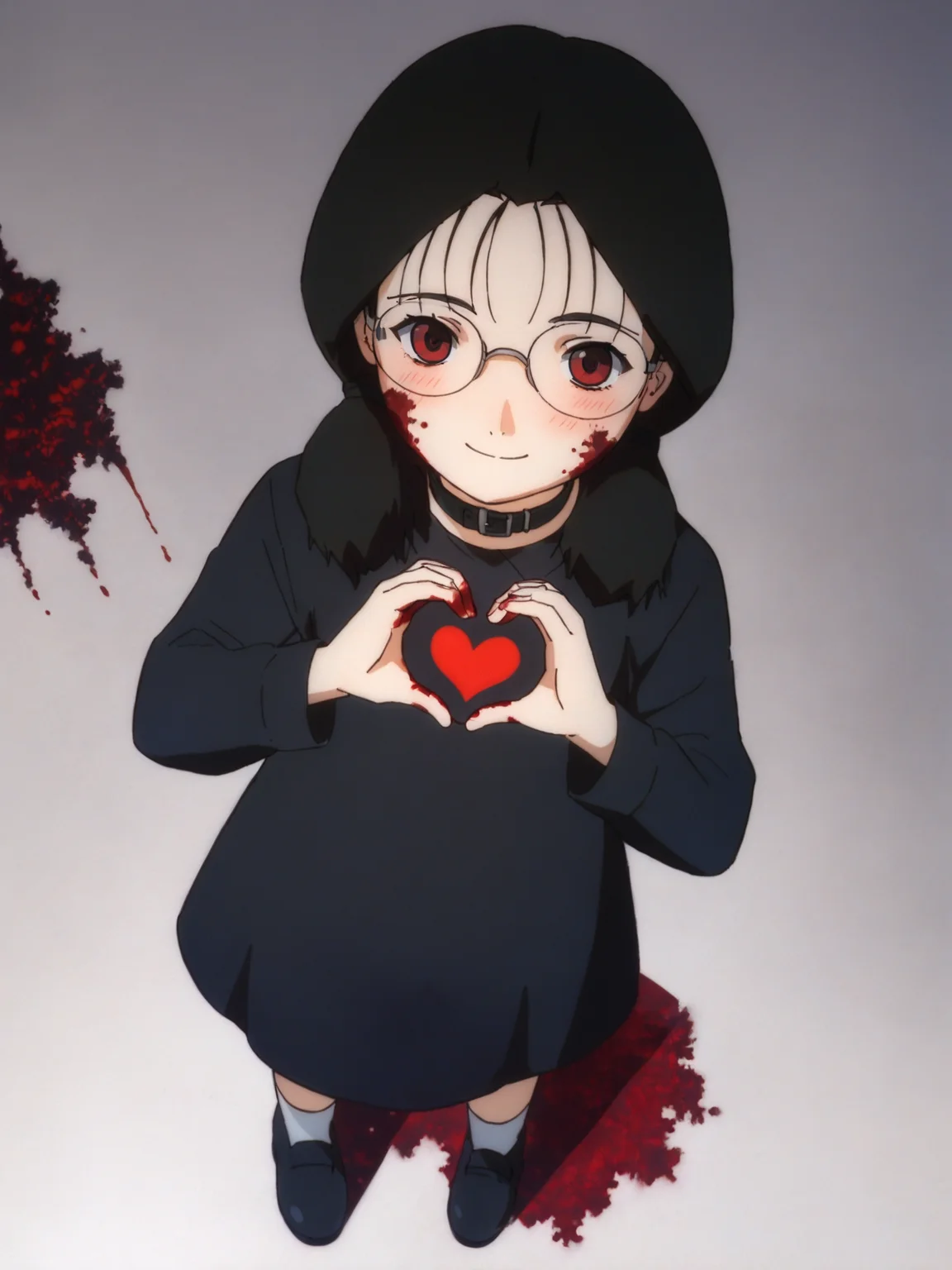 score_9, score_8_up, score_7_up, score_6_up, score_5_up, BREAK masterpiece, high quality, perfect hands, <lora:Yomoda_Chisa_PDXLv1.1-e97:0.7> yomoda chisa, glasses, smile, blush, hearts, evil red eyes, heart hands, cute pose, head tilt, <lora:Anzu_PDXLv0b:0.5>, black dress, full body, black footwear, black collar, death girl, gothic, blood on face, blood on hands,
