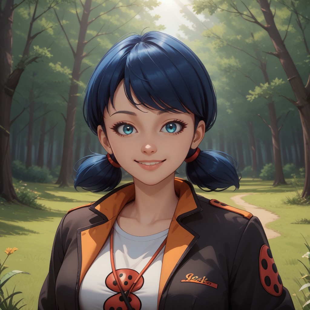score_9, score_8, BREAK, solo, Marinette_Dupain_Cheng_(Miraculous_Ladybug), 1girl, dark blue hair, blue eyes, low pigtails, black jacket, white shirt, pink jeans, tight jeans, beige sandals, self portrait, smile, looking at viewer, outdoors, sunlight, shadows, evening lighting, natural lighting, forest, trees, grass, orange sky, sunset