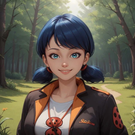 score_9, score_8, BREAK, solo, Marinette_Dupain_Cheng_(Miraculous_Ladybug), 1girl, dark blue hair, blue eyes, low pigtails, black jacket, white shirt, pink jeans, tight jeans, beige sandals, self portrait, smile, looking at viewer, outdoors, sunlight, shadows, evening lighting, natural lighting, forest, trees, grass, orange sky, sunset