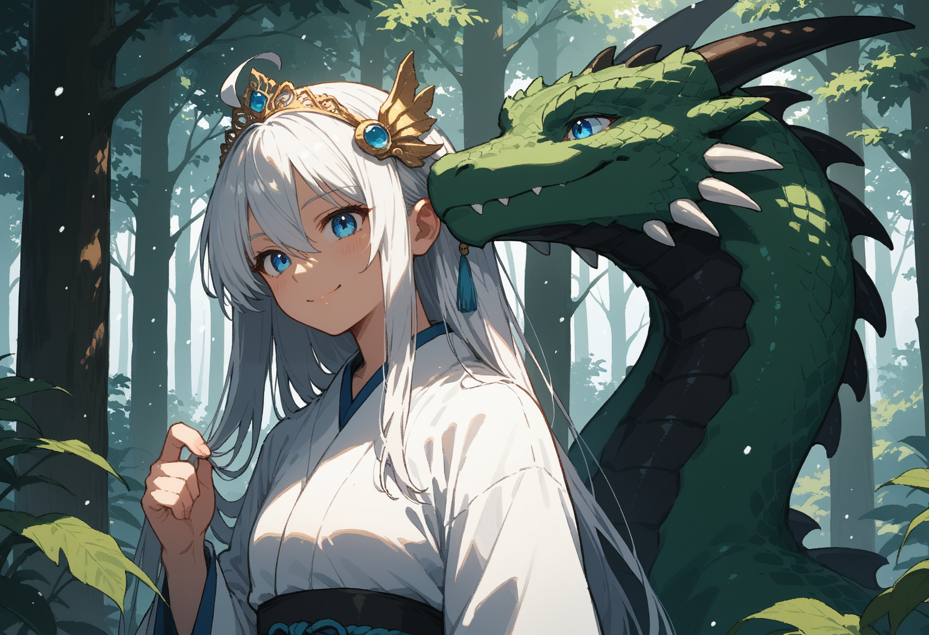 score_9, score_8_up, score_7_up,source_anime,1girl,solo,white hair,very long hair,hair between eyes,ahoge hair,blue eyes,perfecteyes,eyebrows,white kimono,green lining,tiara,hair ornament,sunny,sunlight,snowing,giant dragon,looking at dragon,smile,forest,trees,plants,sinozick,flat colors