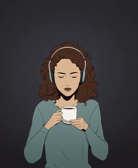 insanely dynamic illustration of Woman, curly hair, brown hair, brown eyes, headphones, closed eyes, holding cup of tea, Scavengers Reign Style. best quality, high resolution. crazy artstyle, careless brushstrokes, emotional and fun, Flat 2D Art, Woman, curly hair, brown hair, brown eyes, headphones, closed eyes, holding cup of tea, Scavengers Reign Style, simple flat color, 2-dimensional, Flat 2D Art Style, concept art Woman, curly hair, brown hair, brown eyes, headphones, closed eyes, holding cup of tea, Scavengers Reign Style . digital artwork, illustrative, painterly, matte painting, highly detailed