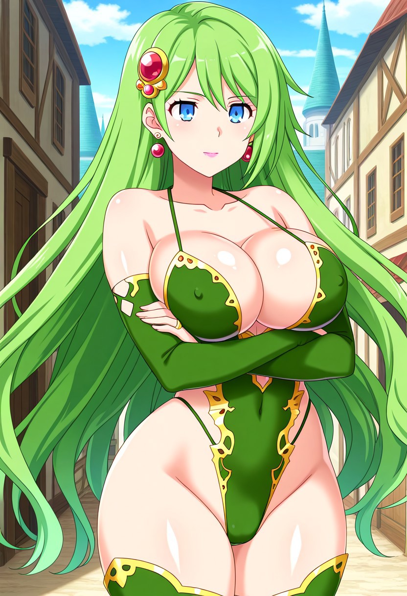 official art, detailed anime, ultra detailed anime art, anime screencap, screencap, score 9, score 8 up, score 7 up, masterpiece, anime coloring, source anime,
BREAK
RydiaMageTAY, 1girl, solo, long hair, green hair, blue eyes, very long hair, pink lips, large breasts, aged up,  shiny skin, smoothy skin, earrings, hair ornament, green leotard, skintight, detached sleeves, highleg leotard, collarbone, covered nipples, navel, revealing clothes, bare shoulders, bridal gauntlets, jewelry, makeup, cleavage, thighs, green thighhighs, thick thighs, wide hips, thigh boots, green footwear, high heel boots,
BREAK
cowboy shot, standing, frontal view, arms crossed, day, generic fantasy town, detailed background,