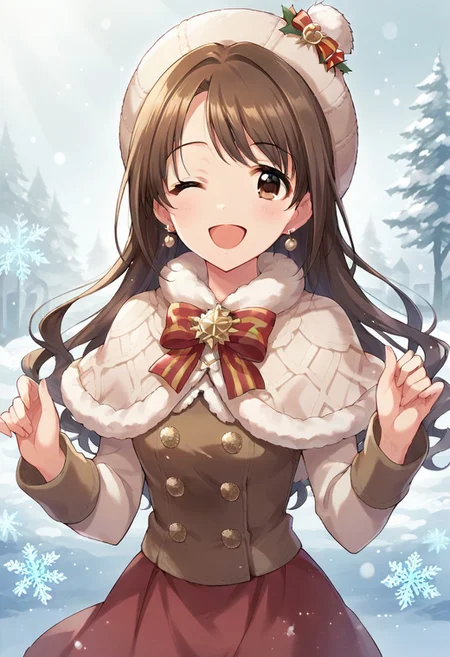 score_9, score_8_up, score_7_up, source_anime,shimamura uzuki, long hair, brown hair, brown eyes, 1girl, one eye closed, smile, hat, earrings, solo, open mouth, jewelry, capelet, winter clothes, looking at viewer, blush, bow, skirt