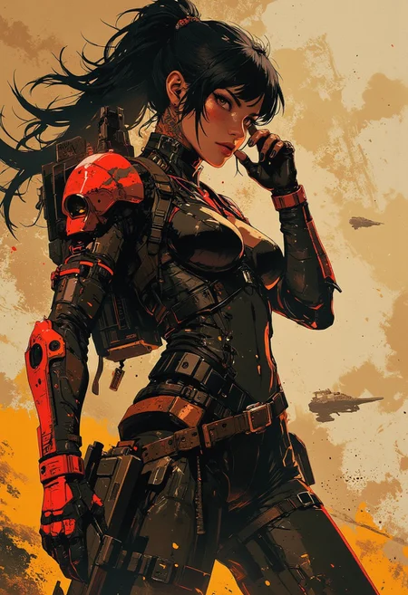 in the style of ck-mgs, nistyle, Inkplash art on rice paper, sepia, henna, Silhouette Art, magnificent, inksplash, closeup portrait, female bounty hunter, large breasts, large ass, neck tattoos, flowing black hair, reflective black and neon red armor, futuristic armor, a rifle strapped to her back, holstered pistol, holding hand up to block dust flying in her eyes, abstract background suggesting a harsh desert world, Spaceships flying overhead, dust storm, windy,
Cowboy Shot, close up,