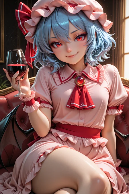 1girl, remilia scarlet, blue hair, red eyes, fang, bat wings, ascot, collared shirt, frilled shirt collar, frills, puffy short sleeves, pink skirt, red brooch, red ribbon, hat, mob cap, pink hat, holding cup, jewelry, wrist cuffs, smile, looking at viewer
BREAK
close-up, dynamic pose, sitting, legs crossed, luxurious background, soft lighting, warm colors, depth of field, masterpiece, best quality, amazing quality