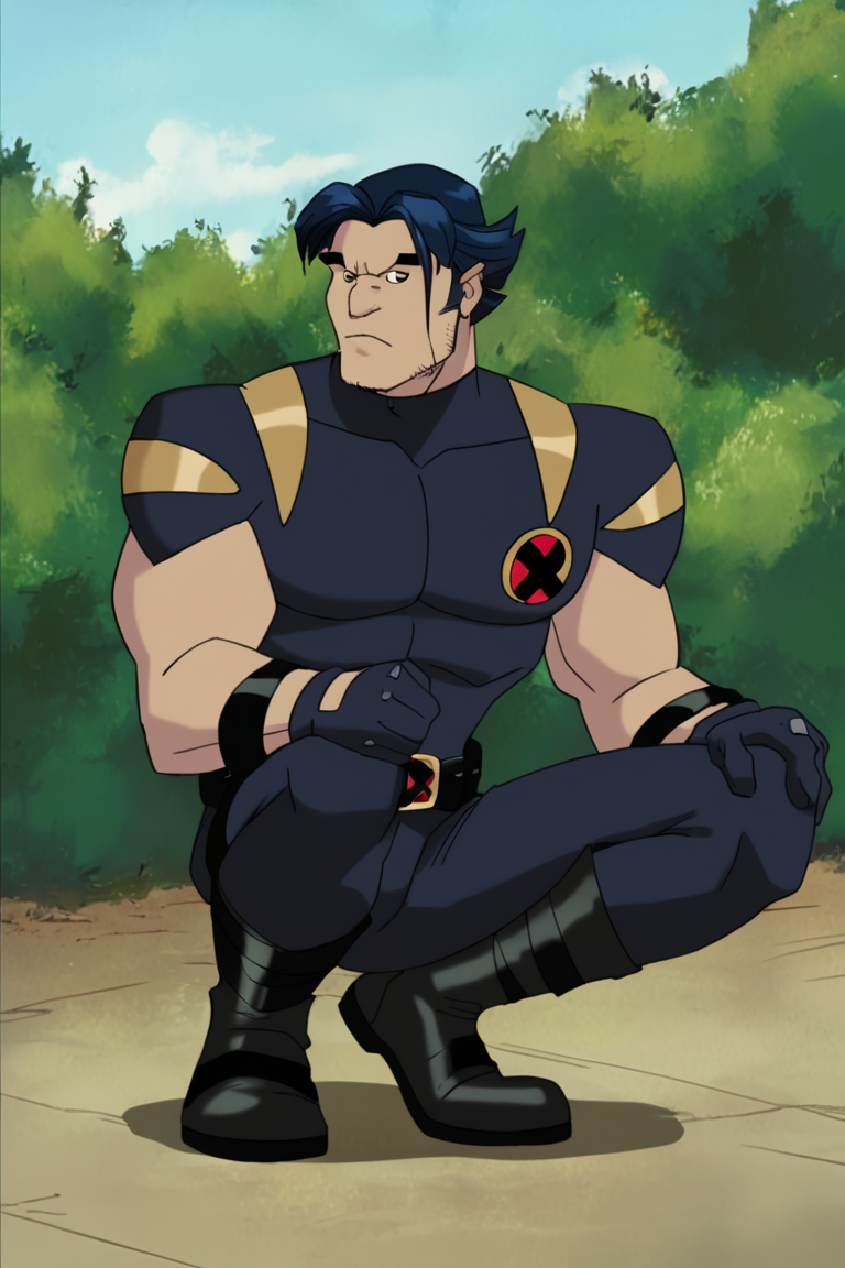 score_9, score_8_up, score_7_up, logan, xevosuit, 1boy, solo, male focus, mature male, short hair, dark blue hair, brown eyes, thick eyebrows, facial hair, stubble, sideburns, bodysuit, dark blue bodysuit, short sleeves, dark blue gloves, black belt, pants, black footwear, muscular, looking at viewer, squatting, full body, outdoors, nature, bush <lora:Wolverine (Logan) X-Men Evolution (Second Suit) v1.1 [LoRA] - Pony V6 XL:0.85>